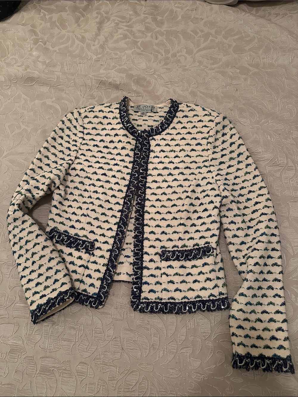 St. John Collection Cream Tweed Jacket with Navy Trim